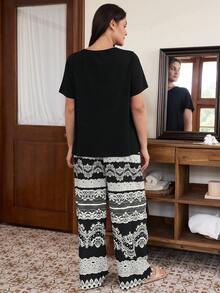 Doze Lane Solid Color Small Cardigan Short Sleeve Top Striped Floral Print Long Pants Plus Size Pajama Set - Black - View 2