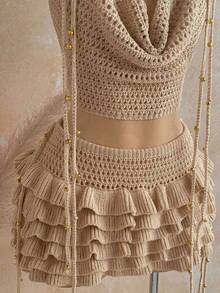 Soleia Women's Spring/Summer Romantic Boho Vacation 2-Piece Set: Draped Neck Crochet Tank Top, Steel Bead Tassel Decor + Multi-Layer Ruffle Mini Skirt, Sexy - Apricot - View 7