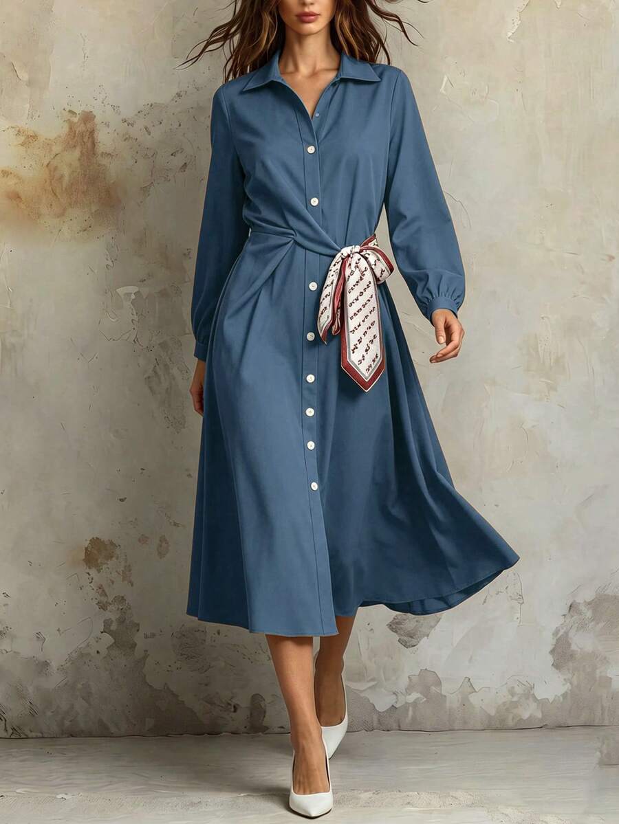 Franclia Fashionable Solid Color New Scarf Patchwork Shirt Dress - Blue - View 1