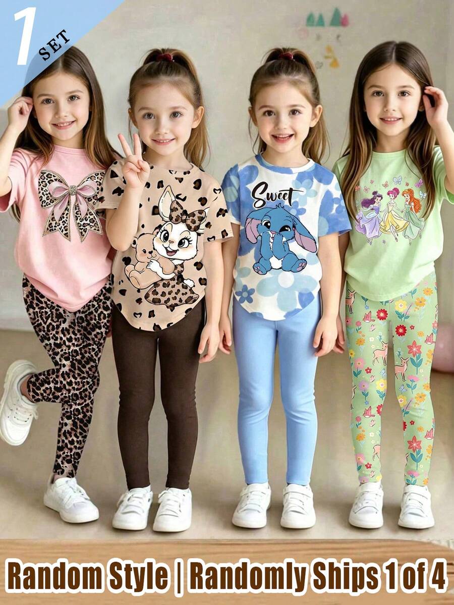 1 Random Item From 4 Girls' Kawaii Leopard Print Bow, Blue Rabbit Teddy Bear, Basic Short T And Base Pants Set Back-To-School School - Multicolor - View 1