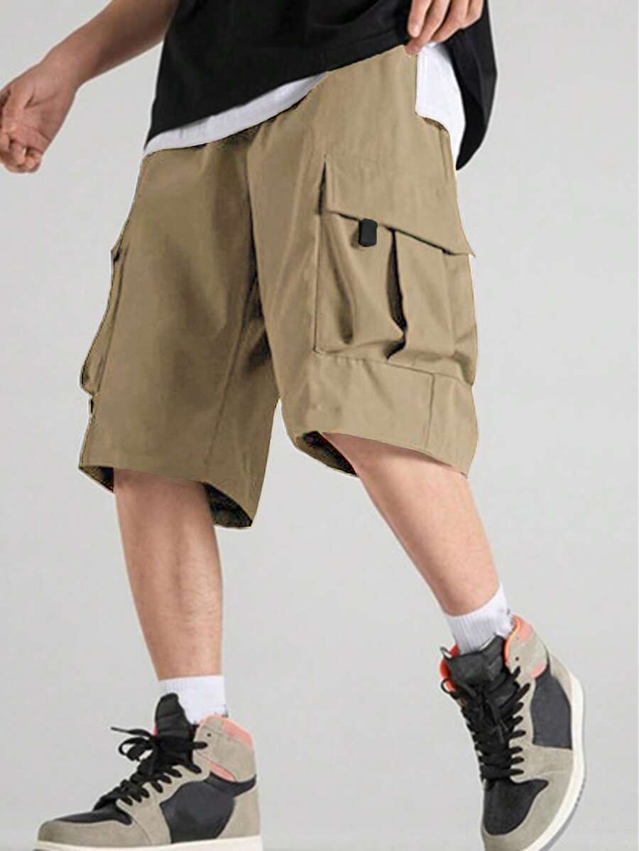 Manfinity Hypemode Loose Men Flap Pocket Drawstring Waist Shorts - Khaki - View 1