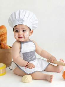 SHEIN Newborn Photography Outfits Baby Boy White Chef Hat And Apron Set Infant Photoshoot Props 1 Month And 100 Days Baby Photo Props Fall Winter - Multicolor - View 2