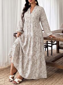 Weeklong Plus Size Olive Green Print V-Neck Button Tiered Maxi Dress, Boho Style For Vacation & Daily Wear Fall - Multicolor - View 3