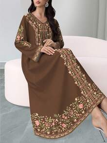 SHEIN Najma 女款花卉植物數位印花時尚V領長袖春秋優雅阿拉伯風大尺碼洋裝 - 彩色 - 查看 4