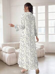 SHEIN Najma 紫色和蓝色碎花V领开衩长袖连衣裙，女士春夏休闲长款碎花连衣裙 - 彩色 - 查看 2