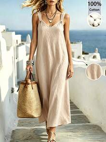 Omancia 女款夏季純色休閒度假掛脖長洋裝，沙灘度假杏色 - 杏色 - 查看 4