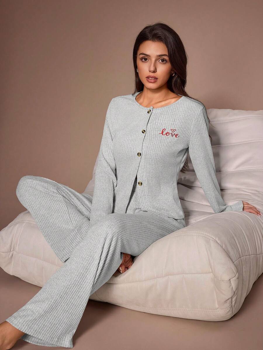 Lazeform Heart Embroidered Casual Women's Pajama Set Loungewear - Light Grey - View 1