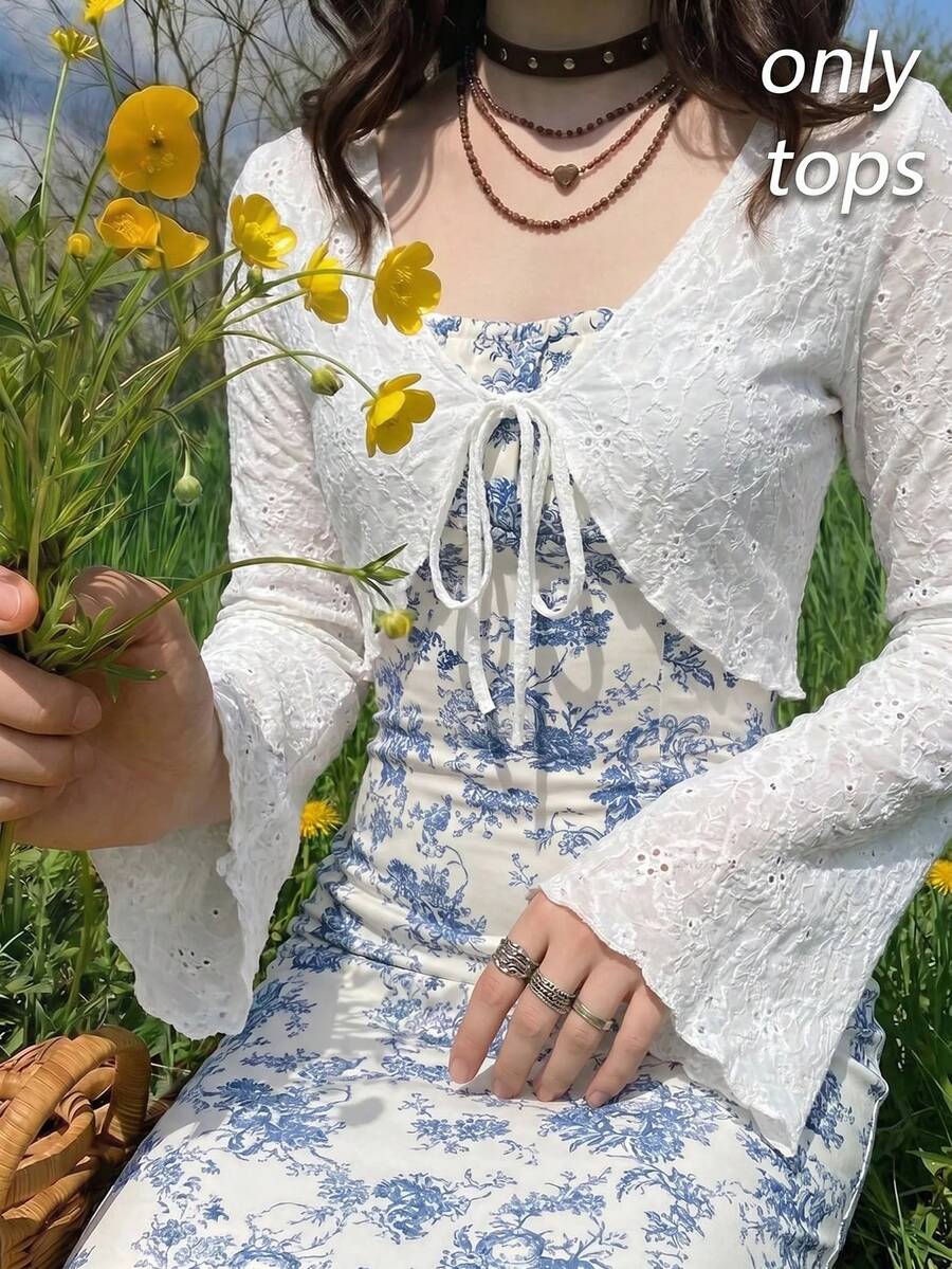 SHEIN MOD 女式复古V领系带喇叭袖短款上衣 - 白色 - 查看 1