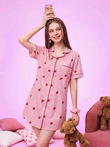 Notgurli Heart Striped Cute Women's Cardigan Trim Nightgown - Multicolor - View 4