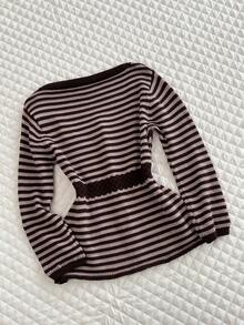 Elamini Women's Striped Contrast Color Button Square Neck 3/4 Sleeve Cute Delicate Versatile Knit Cardigan - Brown - View 2