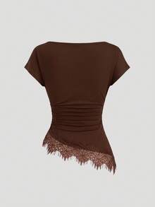 Sweetra Women's Lace Patchwork Ruched Slim Fit Versatile Casual T-Shirt - Coffee Brown - View 2