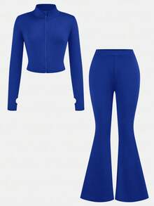 SHEIN Girlism NovaGlow 青少年女孩運動休閒日常針織素色開襟外套與喇叭長褲套裝 - 藍色 - 查看 2