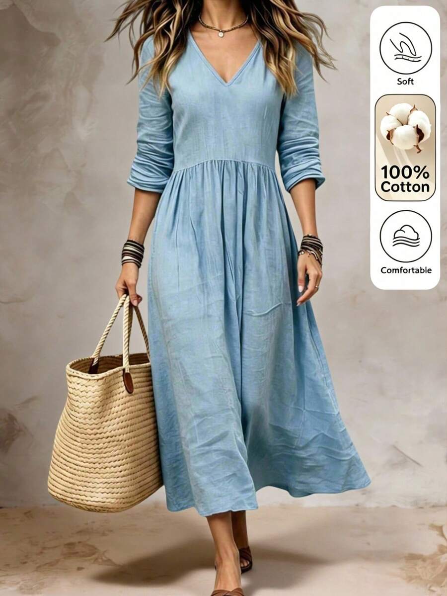Holdful Holdful Damen Frühling/Herbst Lässig Alltag Bequem V-Ausschnitt Mittellange Ärmel Locker Blaues Kleid - Blau - Übersicht 1