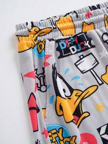 LOONEY TUNES X SHEIN Plus Size Men's Crew Neck Letter Cartoon Print Short Sleeve Top And Shorts Casual Daily Home Sleepwear Set - White - View 8