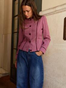 Nöista Burgundy And Ecru Gingham Check Jacket With Velvet Collar And Buttons. Elegant, Office Wear, Dinner Plans Social Jacket. Fall,Autumn Winter Outfit.. - Burgundy - View 7