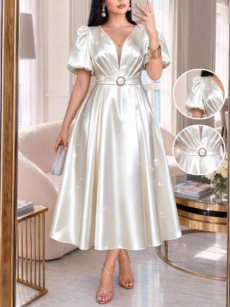 SHEIN Lady Plus Size French Style Soft Satin Metal Buckle Ruched Waist Dress - White - View 1