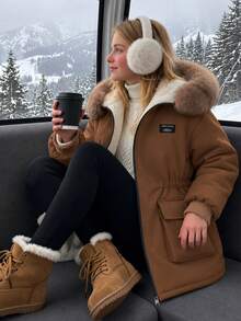 SHEIN Mädchen Herbst/Winter Parka Jacke, Fellkragen, große Taschen, mit Kapuze, tailliert, minimalistischer Stil, knielanges Baumwollmantel - Braun - Übersicht 1