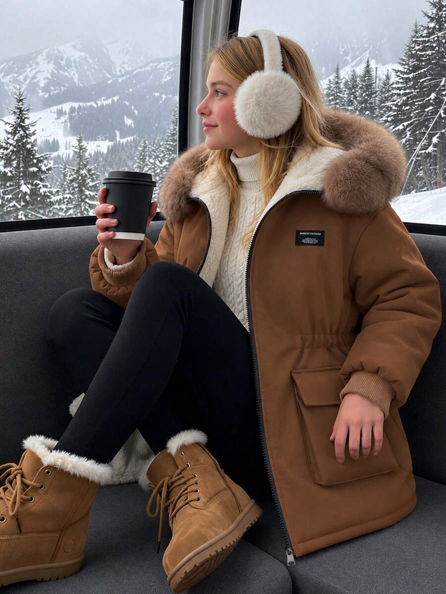 SHEIN Mädchen Herbst/Winter Parka Jacke, Fellkragen, große Taschen, mit Kapuze, tailliert, minimalistischer Stil, knielanges Baumwollmantel - Braun - Übersicht 1