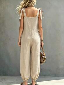 LUMIGAL Women's Casual Solid Color Tie Strap Jumpsuit - Apricot - View 2