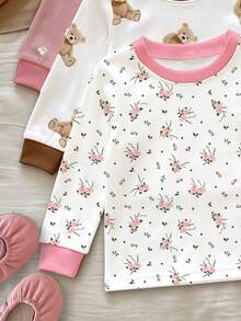 女嬰休閒極簡可愛卡通熊與花卉圖案修身圓領長袖褲裝家居服多件套，適合秋冬，貼身舒適，隨機圖案，溫馨可愛，花卉印花 - 彩色 - 查看 7