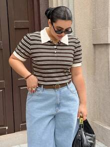 Dripcurv 大尺碼女款春季黑白條紋 Polo T恤，極簡休閒度假穿搭，女款休閒上衣，女款運動服 - 棕色 - 查看 5