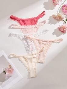 SHEIN 5pcs/Set Lace Trim Low Waist Women's Thong Panties - Multicolor - View 2