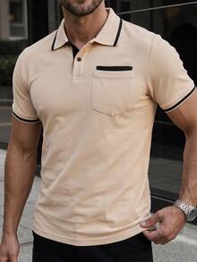 Calvornis Men's Contrast Trim Button Polo Shirt, Casual Summer Short Sleeve Casual Tops Golf Shirt, Formal, Ceremony - Khaki - View 4
