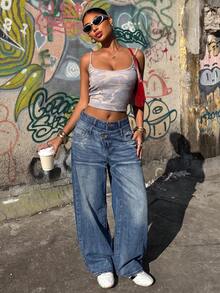 Muchica Jeans de mezclilla casuales holgados de pierna ancha con doble cintura y bolsillos para mujer, ropa de otoño, pantalones de maestra - Azul - Ver 7
