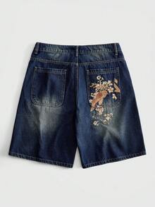 ROMWE MEN Street Life 男士花卉刺繡口袋休閒牛仔短褲 - 藍色 - 查看 1