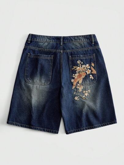 Street Life Shorts vaqueros casuales para hombre con bolsillo y bordado floral