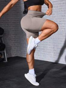 Solea Cove Celana Pendek Olahraga Wanita Warna Polos Pinggang Tinggi Kasual untuk Latihan Otot Sehari-hari, Pilates, Gym, Warna Hijau, Musim Panas - Khaki - View 4