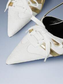 CUCCOO GRLICON Sepatu Hak Tinggi Wanita Modis Warna Putih Emas dengan Tali Pengikat Dekoratif dan Tumit Kitten, Bahan Suede, Cocok untuk Liburan. - Pencocokan warna platinum - View 3