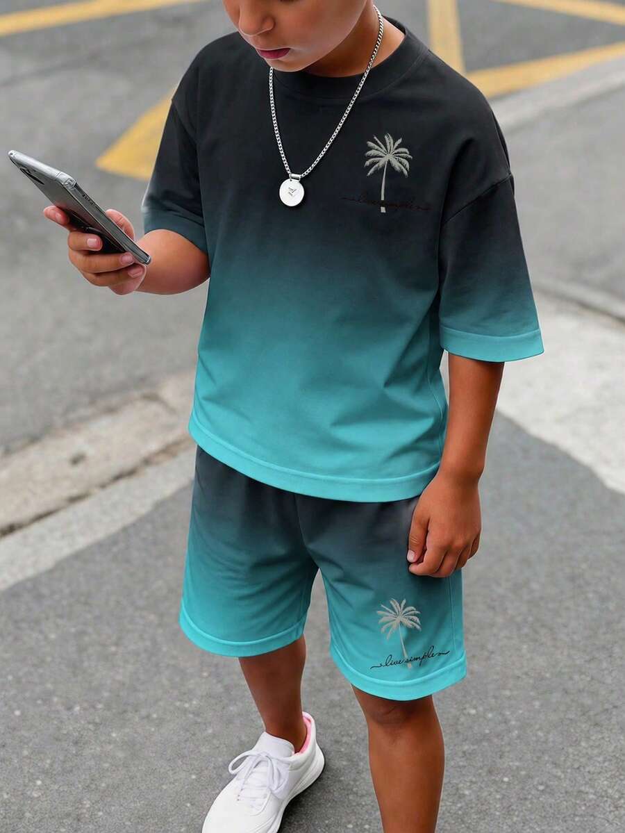 青少年男孩休閒舒適時尚極簡圓領短袖T恤與短褲套裝 - 彩色 - 查看 1