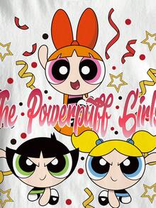 THE POWERPUFF GIRLS X SHEIN 青少年女孩字母卡通印花休閒百搭日常短袖T恤 - 白色 - 查看 4