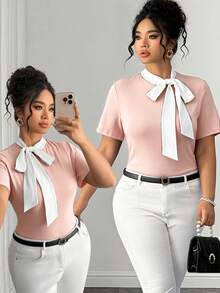 SHEIN Clasi Plus Size Women's Summer New Light Pink Color Block Bow Ribbon Shoulder Short Sleeve T-Shirt, Slimming Elegant Sophisticated Casual Office Formal - Baby Pink - View 8