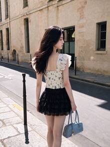 SHEIN MOD Women Summer Floral Print Ruffle Trim Tank Top - White - View 8