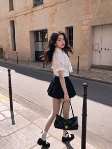 SHEIN MOD White,Summer,Elegant,Wedding Guest Women's 3D Bow Lantern Sleeve Ruffle Vintage Court Blouse,Princess Puff Sleeve Tops For Party,Prom,.Back To School. - White - View 3