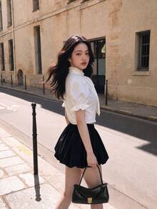SHEIN MOD White,Summer,Elegant,Wedding Guest Women's 3D Bow Lantern Sleeve Ruffle Vintage Court Blouse,Princess Puff Sleeve Tops For Party,Prom,.Back To School. - White - View 8