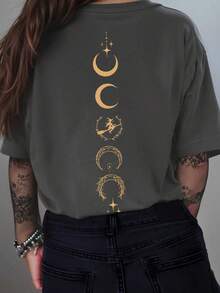 SHEIN LUNE Halloween Witch Girl Print Crew Neck Short-Sleeved T-Shirt - Dark Grey - View 2