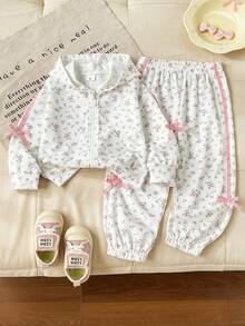 SHEIN Vintaside Kids 2件組少女連帽夾克運動長褲套裝，甜美可愛白色粉色碎花蝴蝶結緞帶條紋長袖，適合學校派對秋季公主風慢跑拉鍊款 - 彩色 - 查看 2
