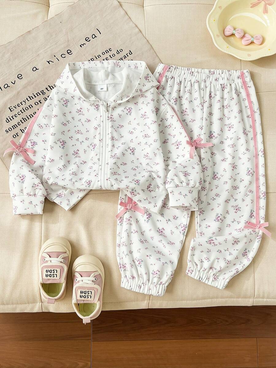 SHEIN Vintaside Kids 2件組少女連帽夾克運動長褲套裝，甜美可愛白色粉色碎花蝴蝶結緞帶條紋長袖，適合學校派對秋季公主風慢跑拉鍊款