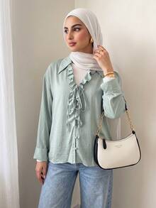 Solavon Women's Solid Color Casual Versatile Daily Long Sleeve Shirt - Blue - View 1