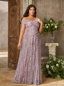 Aureia Plus Size Elegant Romantic Off-Shoulder Beaded Embroidered Heart Neckline Patchwork Mesh Pleated Design Ruffle Bodycon Mermaid Hem Evening Gown, Suitable For Festivals, Celebrations, Weddings, Balls, Concerts, Business Banquets, Guest Events, Internet Celebrity Style, Women's Heavy Work Evening Dress - Dusty Pink - View 1