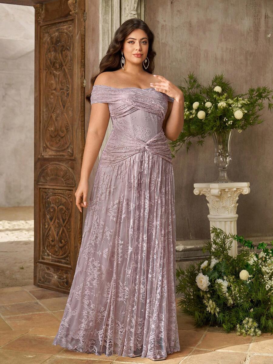 Aureia Plus Size Elegant Romantic Off-Shoulder Beaded Embroidered Heart Neckline Patchwork Mesh Pleated Design Ruffle Bodycon Mermaid Hem Evening Gown, Suitable For Festivals, Celebrations, Weddings, Balls, Concerts, Business Banquets, Guest Events, Internet Celebrity Style, Women's Heavy Work Evening Dress - Dusty Pink - View 1