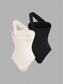 Sweetra Summer Fashion Design Asymmetric One-Shoulder Bandeau Casual Minimalist Basic Slimming Brown Black 2 Pieces Set Women's Bodysuit Going Out Off-White - Multicolor - View 2
