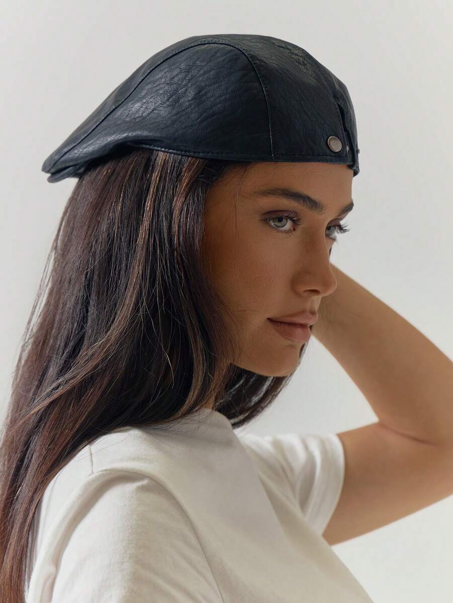 MUSERA Black PU Leather Style Flat Cap Spring Summer Casual Cool Vacation - Black - View 1