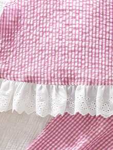Emery Rose Kids Emery Rose Kids 女童格紋蝴蝶結裝飾荷葉邊背心上衣與長褲套裝 - 淺粉色 - 查看 8