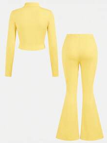 SHEIN Girlism NovaGlow 青少女運動休閒日常針織素色開襟外套與喇叭褲套裝 - 黃色 - 查看 5