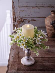 Haus Hana Artificial Daisy Candle Ring Wreath Decor, White Floral Table Centerpiece Ornament For Wedding Banquet Dinner Table Arrangement, Faux Flower Candle Holder Garland Home Desktop Party Layout Prop Reusable Tabletop Decor - Multicolor - View 2