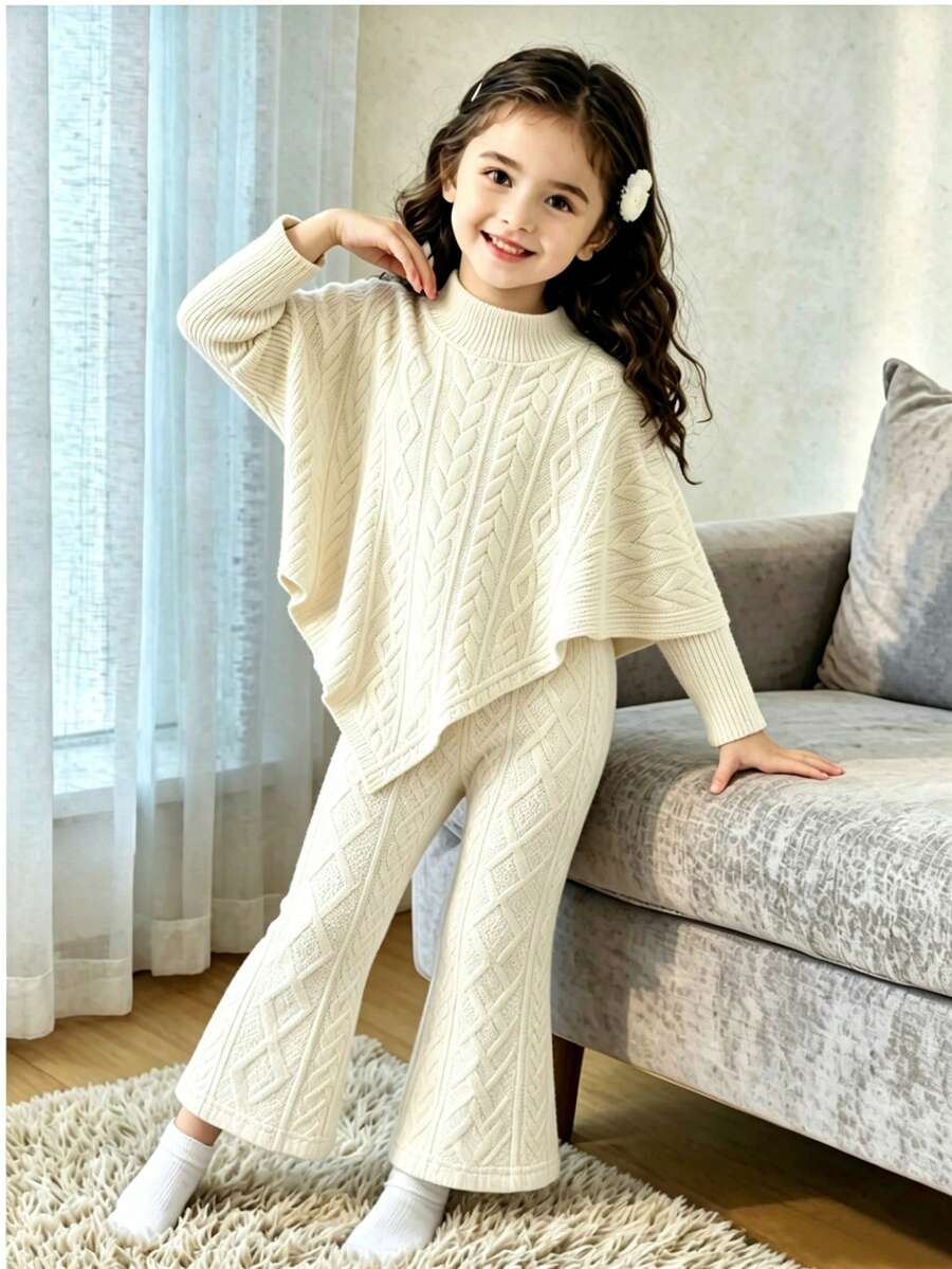 SHEIN 女童春秋冬季休閒T恤套裝，設計感不對稱套頭高領針織羅紋磨毛布料素色米色長袖上衣，搭配米色休閒喇叭長褲，2件套，適合春秋冬季返校季，優雅淑女風高端日常校園、出遊、旅行、派對穿著